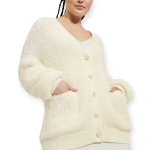 UGG Sherell CloudPuff Fluffy Wool Blend Cardigan Cream V-Neck Button Front XL